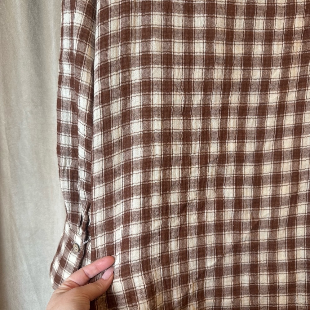 Brown and White‎ Plaid Button-Up Shirt tunic soft Cottagecore cabincore boutique - Picture 7 of 9